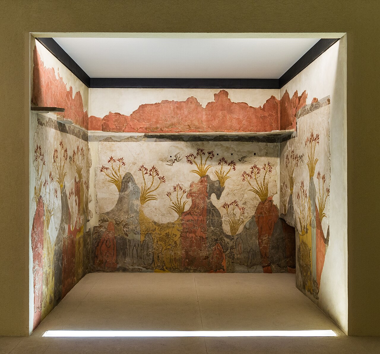 The frescoes of Akrotiri, buried by the eruption and dug out intact.