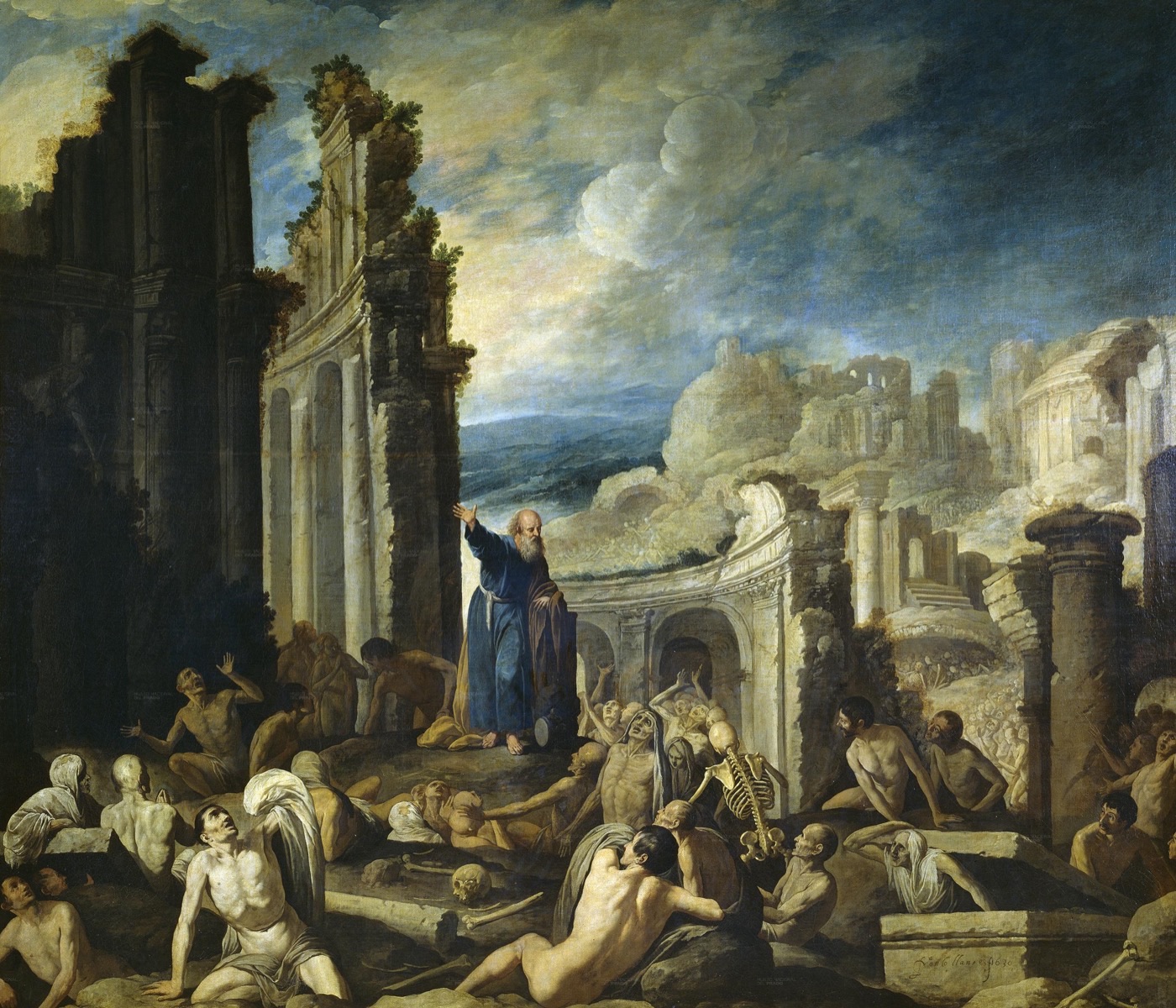 Франсиско Колантес, «Видение Иезекииля» (1630). Среди руин пророк простирает руку над полем мёртвых костей — и они сходятся, обрастают плотью: «оживут ли кости сии?» Бог может воскресить даже мёртвый народ.