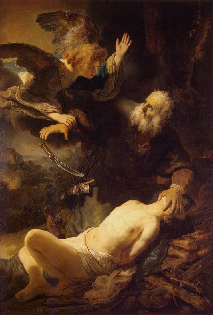 Rembrandt, "The Sacrifice of Abraham" (1635). The angel seizes the hand — the knife still hangs in the air, and Abraham's face is caught between horror and obedience.