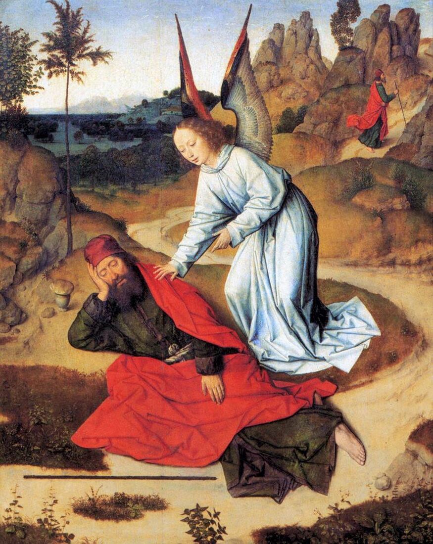 Dieric Bouts, "The Prophet Elijah in the Desert" (c. 1465). Victorious on Carmel and hunted by Jezebel, Elijah collapses under the juniper and begs for death — and an angel wakes him: "Arise, eat."