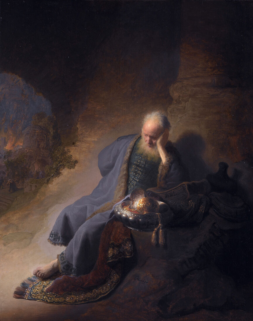 Rembrandt, "Jeremiah Lamenting the Destruction of Jerusalem" (1630). The burning city is a distant spark at the left; all the light falls on the face of the prophet who foretold it all, went unheard, and has now outlived the end of his world.