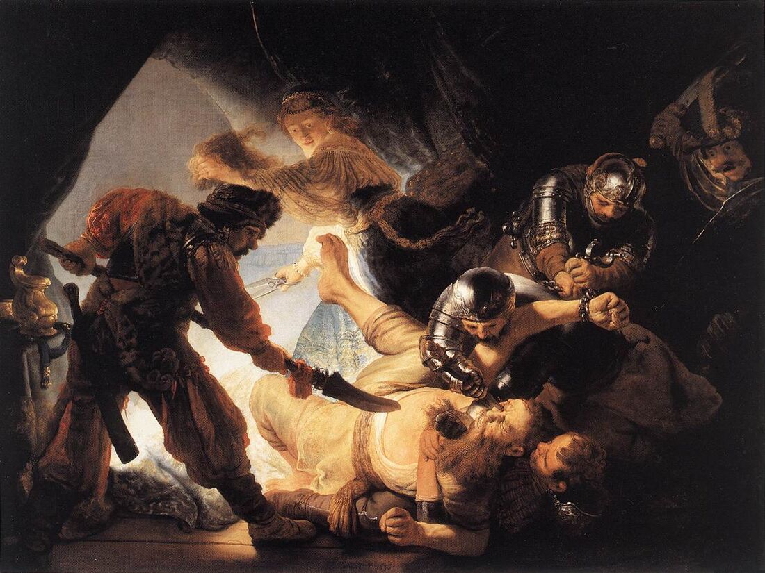 Rembrandt, "The Blinding of Samson" (1636). The betrayed hero is pinned to the ground and his eyes put out — strength given by the Spirit, and the blindness that overtakes it: the whole age of the judges in a single flash of light and blood.