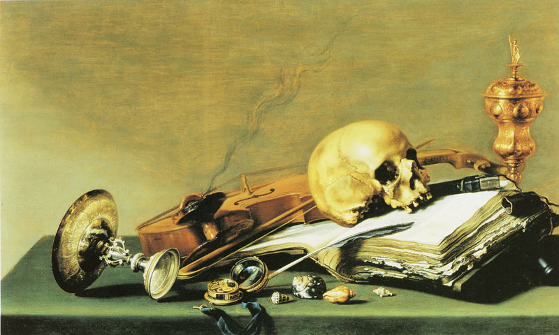 Pieter Claesz, "Vanitas" (1628). A skull on an open book, a violin, an overturned goblet, a clock, a snuffed candle: wisdom, art, wealth, time — "vanity of vanities, all is vanity."