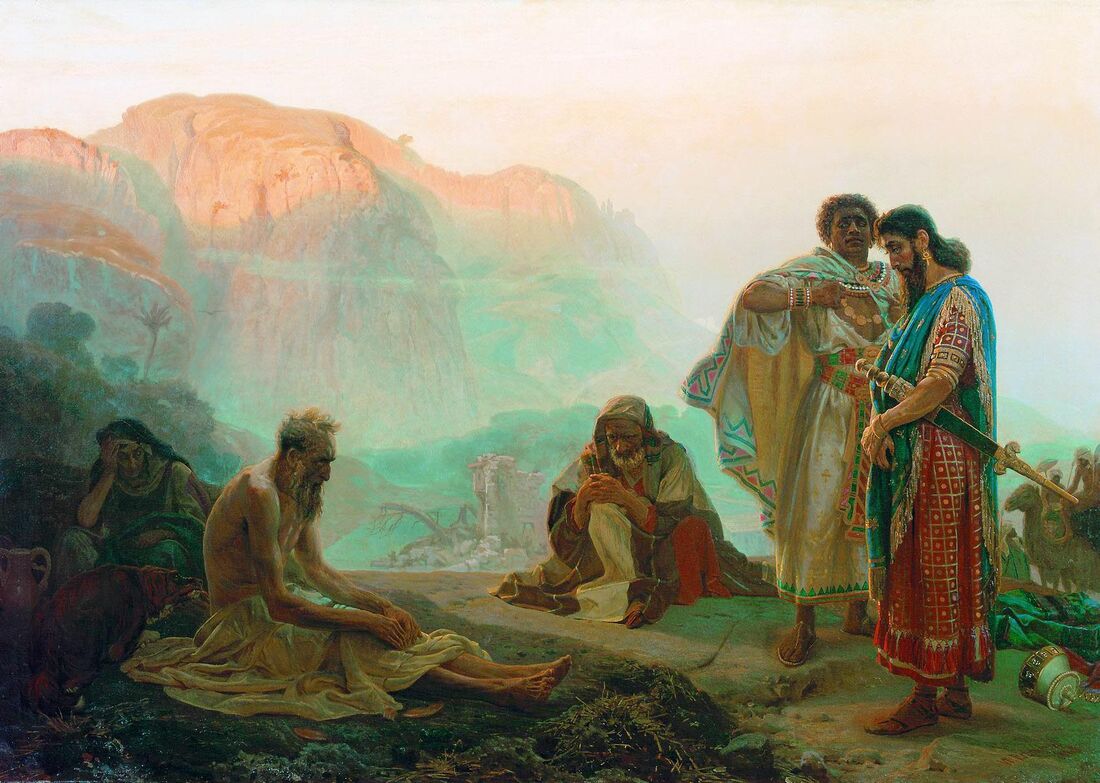 Ilya Repin, "Job and His Friends" (1869). Job in the dust, destitute and naked — while his finely dressed theologian friends explain that he has only himself to blame: suffering must fit the scheme.