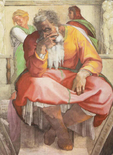 Michelangelo, "The Prophet Jeremiah" (Sistine Chapel, 1512). Bowed, head propped on his hand, the prophet is crushed by the weight of what he sees — the conscience of history, to which no one listens.