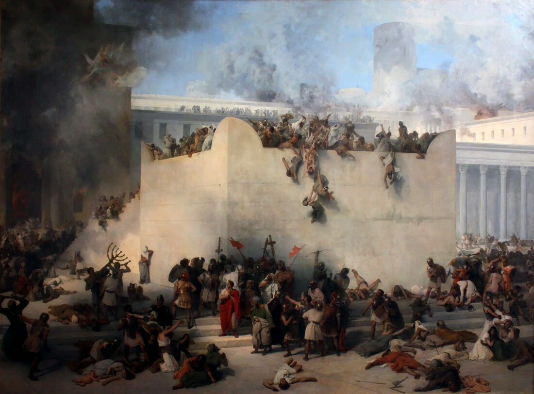 Francesco Hayez, "The Destruction of the Temple of Jerusalem" (1867). Smoke, collapsing walls, bodies on the steps, the sacred menorah carried off — the enduring image of the catastrophe in which everything faith rested on goes up in flames.
