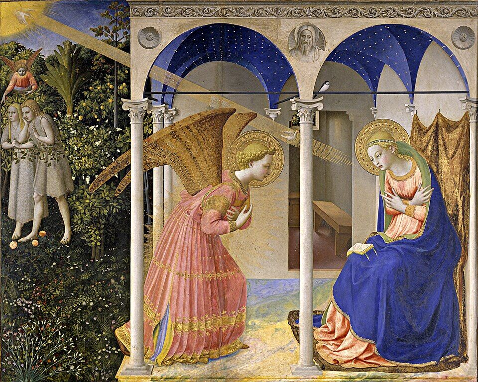 Fra Angelico, "The Annunciation" (c. 1426, Prado). The archangel and the Virgin lean toward each other beneath an arch; in the upper left corner, the expulsion of Adam and Eve from paradise. A single panel binds the two "noes" of Eden to the one "yes": at the very spot where the ancient couple walked out of the garden, Mary says "let it be to me according to your word" — and the door once slammed shut is opened by the first free human consent.