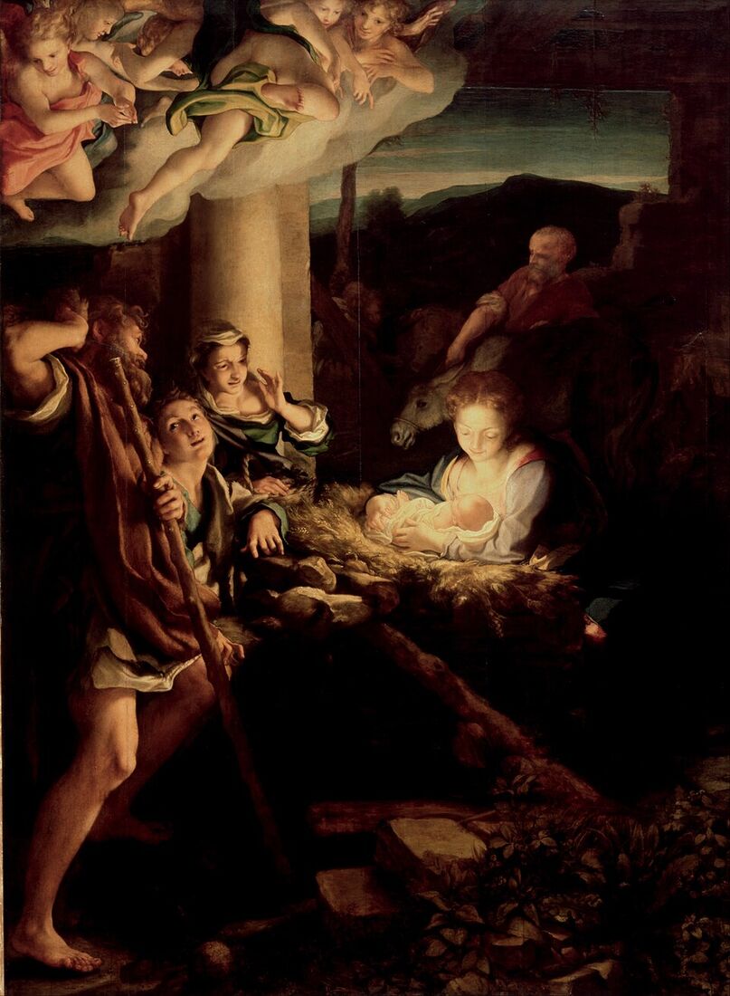 Correggio, "Holy Night" (c. 1525–30). The picture has no source of light but the Child himself: from him comes a radiance so strong a servant shields her eyes, and out of it the shepherds' faces emerge from the darkness. The theology of the Incarnation written in light — God enters the world not as thunder from above but as light from below, out of weakness.