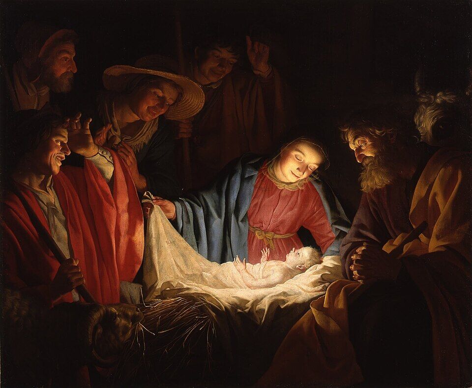 Gerard van Honthorst, "Adoration of the Shepherds" (1622). The darkness is nearly total — and the only lamp within it lies in the manger. The shepherds' coarse faces take on features for the first time, drawn out of the gloom by the light coming from the Child: the first to come to the light are those who had no face.