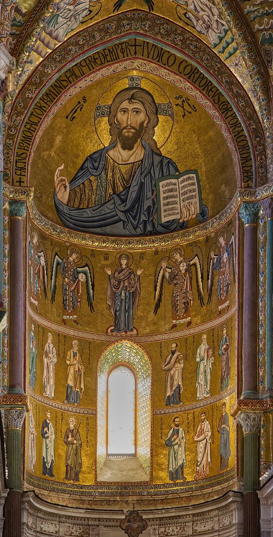 Christ Pantocrator (mosaic of Cefalù Cathedral, c. 1130). Within a single millennium the Shepherd with his sheep has ascended to the imperial throne of the Almighty: gold, vaults, a hierarchy of ranks. The ideal has become an institution, and the institution power.