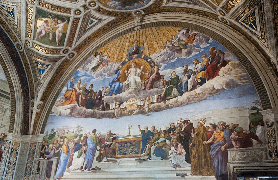 Raphael, "Disputation" (1509–1510). The Church in triumph: heaven and earth, saints and theologians converge in ordered harmony upon a single Chalice. The magnificent body of the ideal — and a beauty that risks forgetting the catacomb.