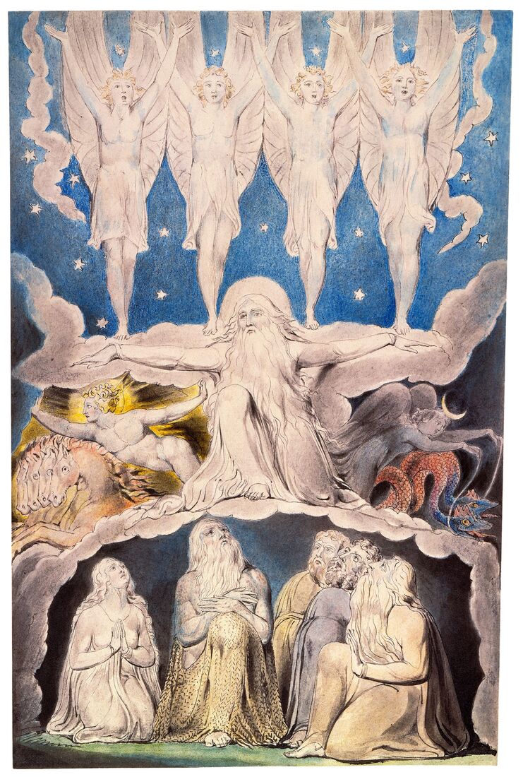 William Blake, "When the Morning Stars Sang Together" (c. 1805). God answers Job out of the storm — not with an explanation but with the whirlwind of creation: "Where were you when I laid the foundations of the earth?"