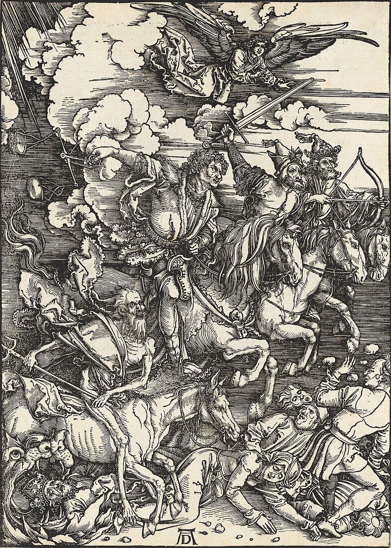 Albrecht Dürer, "The Four Horsemen of the Apocalypse" (c. 1498). Conquest, war, famine, and death sweep on in a single wave, trampling kings and beggars alike. The end as catastrophe — yet "apocalypse" means not destruction but the lifting of the veil.