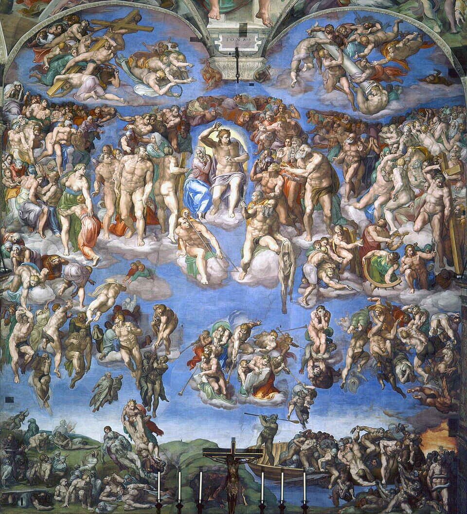 Michelangelo, "The Last Judgment" (Sistine Chapel, 1536–1541). Christ the Judge raises his hand, the dead rise, the condemned are cast down, souls drift in Charon's boat. The Western image of the same limit as in Vasnetsov — the end that lifts the veil.