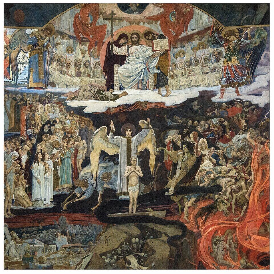 Viktor Vasnetsov, "The Last Judgment" (1904). An angel with scales weighs the souls; the Judge in glory bears the wounds of the Crucified. Judgment not as a reduction to a dossier but as an encounter: to be seen to the very end by Love, and not destroyed.