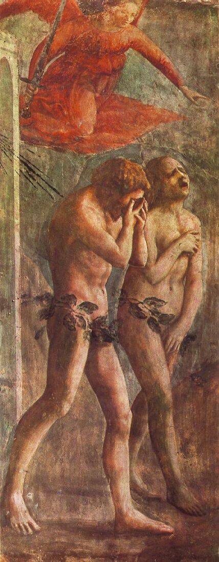 Masaccio, "The Expulsion from the Garden of Eden" (1427). The first true cry of shame and nakedness in painting — faces contorted by grief.