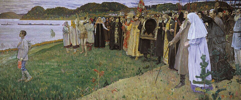 Mikhail Nesterov, "The Soul of the People" (1916). A whole people on the way toward the invisible: a sick boy walks ahead, and behind him come peasants, monks, a holy fool, the faces of Dostoevsky and Tolstoy. Finished on the eve of the collapse beyond which prison and the camps awaited many.