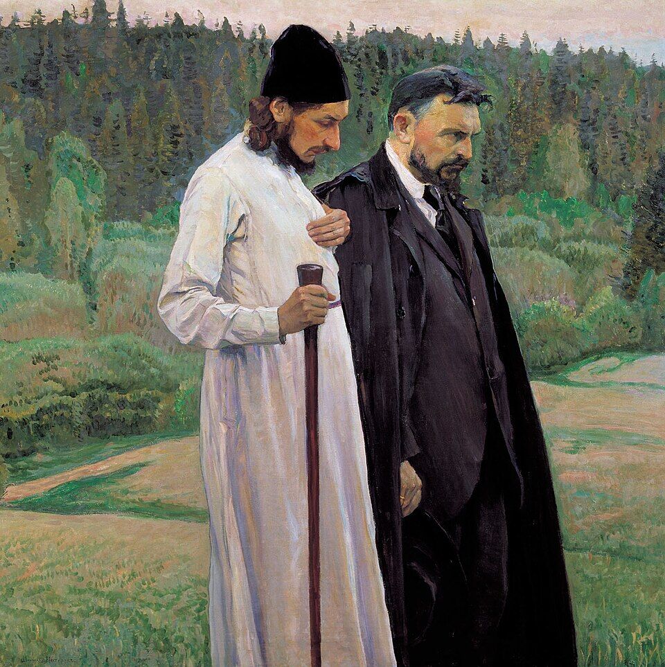 Mikhail Nesterov, "The Philosophers" (1917): Pavel Florensky in a white cassock and Sergei Bulgakov. Twenty years later Florensky would be shot in a camp — the witness this station has in mind: a person not reduced to a number.