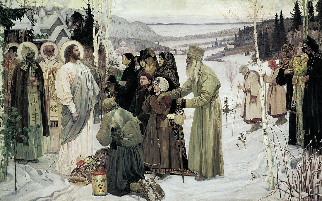 Mikhail Nesterov, "Holy Rus" (1901–1906). Christ and the saints appear in the snow to the suffering and the seeking — the sick, the poor, the kneeling. The faith of a people soon to be tested to the breaking point.