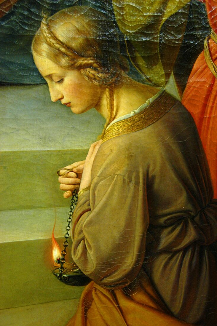 F. W. Schadow, "The Wise and Foolish Virgins" (detail). The wise virgin has bowed her head and keeps her lamp burning — the whole parable of waiting in a gesture: you do not know the hour, so tend the flame and do not sleep.