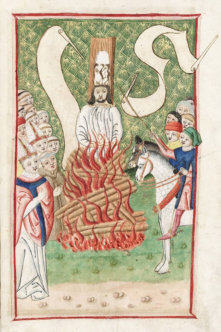 The Burning of Jan Hus (miniature, 15th century). The reformer burns at the stake in the paper fool's crown that marks him a heretic; on the left, bishops in their mitres. The Church, having become power, turns fire for the first time against those who demand its purification — a century before Luther.