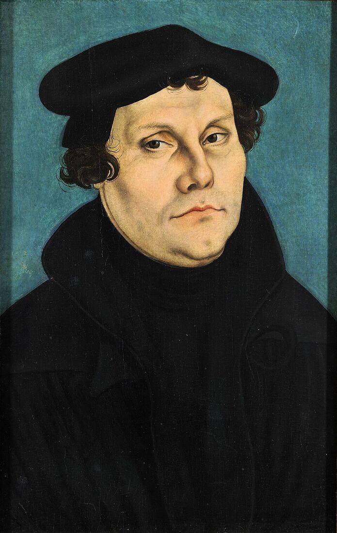 Lucas Cranach the Elder, "Martin Luther" (1528). The unyielding face of the reformer: "Here I stand, I can do no other." His being right will split the Western Church in two — not out of malice, but out of a conviction that does not know how to yield.