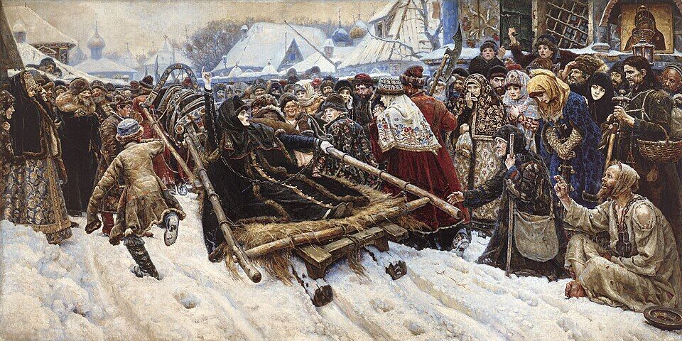 Vasily Surikov, "Boyarynya Morozova" (1887). The Russian schism: for the sign of two fingers a woman is carried off through the snow to torment, and along the sleigh's track a people is torn through living flesh. The black wedge of her figure cleaves the crowd as the schism cleaved Rus.