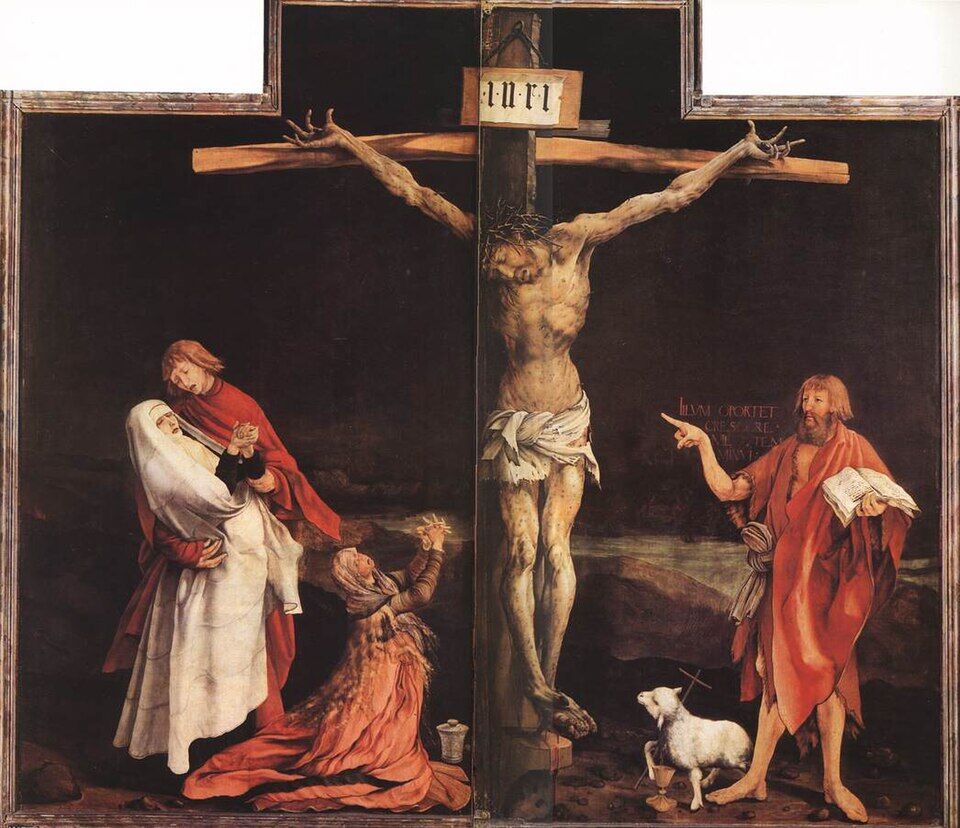 Matthias Grünewald, the Crucifixion of the Isenheim Altarpiece (1512–1516). The most terrible Crucifixion in art: a body covered in the sores of the hospital's sick, fingers contorted, flesh green with decay — a God who has taken upon himself your illness, precisely yours.