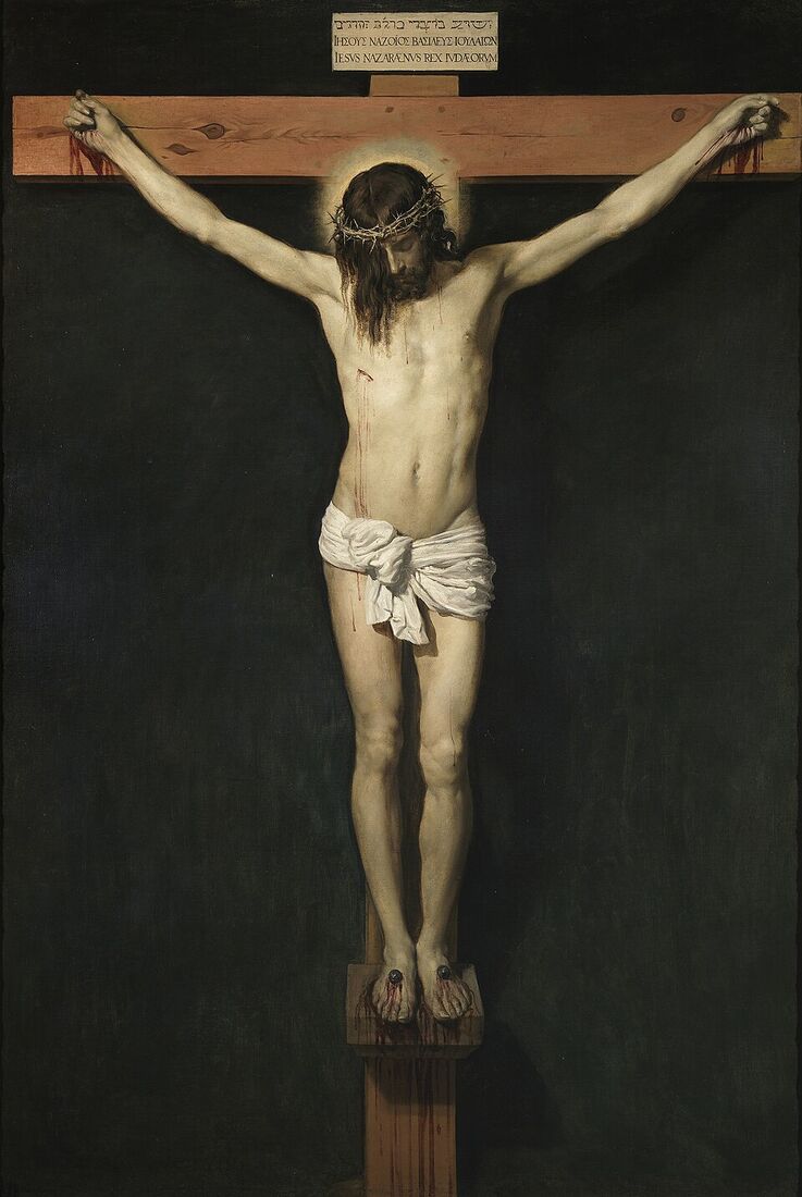 Diego Velázquez, "Christ Crucified" (c. 1632). A solitary figure against a black background, without witnesses or landscape; a lock of hair covers half the face. The death of God in complete silence — no storm, no darkness, only stillness.