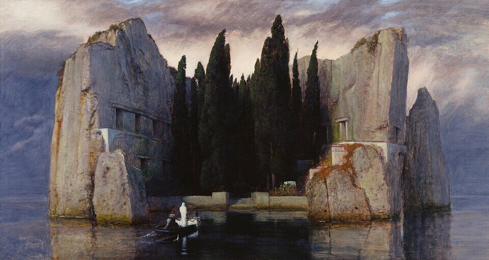 Arnold Böcklin, "Isle of the Dead" (1883). A silent island, a boat with a white figure, cypresses — death with no heaven and no resurrection, only a mute classical sorrow. The sublimation of the end in a world from which God has departed.