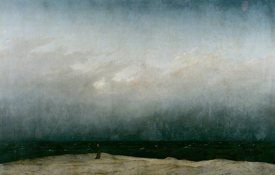 Caspar David Friedrich, "The Monk by the Sea" (1808–1810). A tiny monk before the boundless emptiness of sky and sea: faith stripped of every support, alone before a silent infinity. Not "there is no God," but "God is silent."