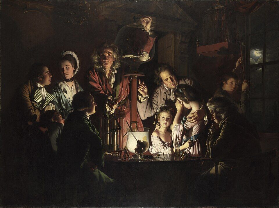 Joseph Wright of Derby, "An Experiment on a Bird in the Air Pump" (1768). A scientist in the role of priest pumps out the air by lamplight while the bird dies before weeping children. Reason takes the place of the altar — the new power of the Enlightenment.