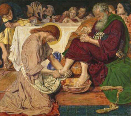 Ford Madox Brown, "Christ Washing Peter's Feet" (1852). The King, girded with a towel, kneels before his disciple; Peter draws back, unable to accept that the Lord should serve him. "Whoever would be greater among you, let him be your servant" — power turned upside down: dominion gives way to service.