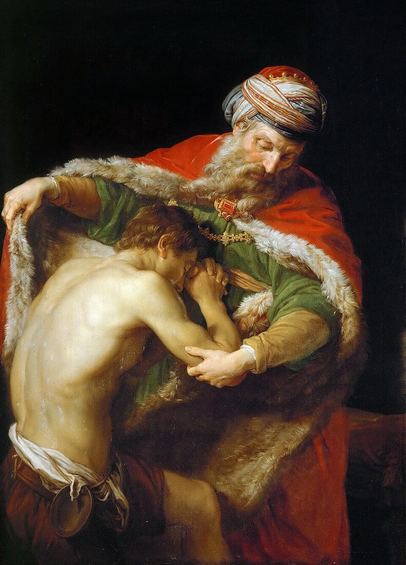 Pompeo Batoni, "The Return of the Prodigal Son" (1773). The father in rich garments embraces his half-naked, kneeling son, who hides his face against his chest. The parable inverted: it is not the sinner who searches painfully for God — God himself goes out to meet him and runs to embrace him.