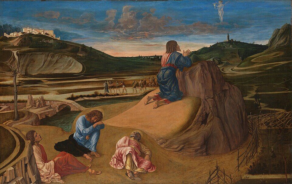 Giovanni Bellini, "The Agony in the Garden" (c. 1465). Christ prays on a rock in the first light of dawn; an angel appears in the sky bearing a cup; below, three disciples sleep, while in the distance Judas already leads the guard across the bridge. All of Gethsemane in a single frame: the cup, the sleep of those closest, the betrayal drawing near.