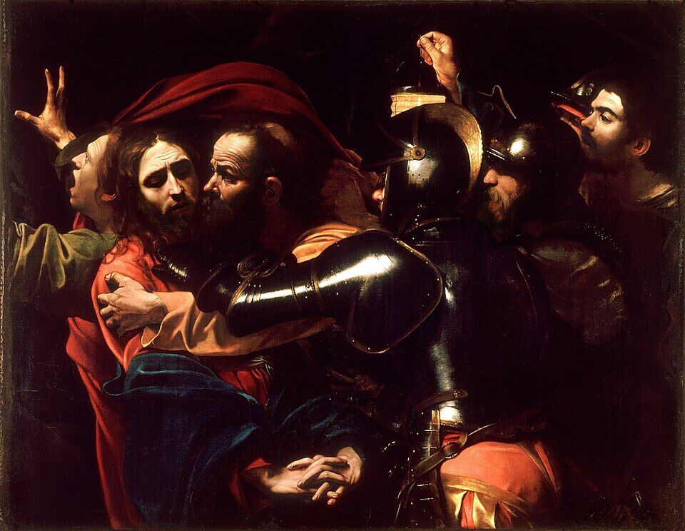 Caravaggio, "The Taking of Christ" (1602). Judas seizes and kisses the Master; the black-armored guard reaches out to grasp him; Christ's hands are folded without resistance — he is not a victim of circumstance, he chooses. At the left a fleeing disciple cries out; at the right Caravaggio himself holds the lantern.