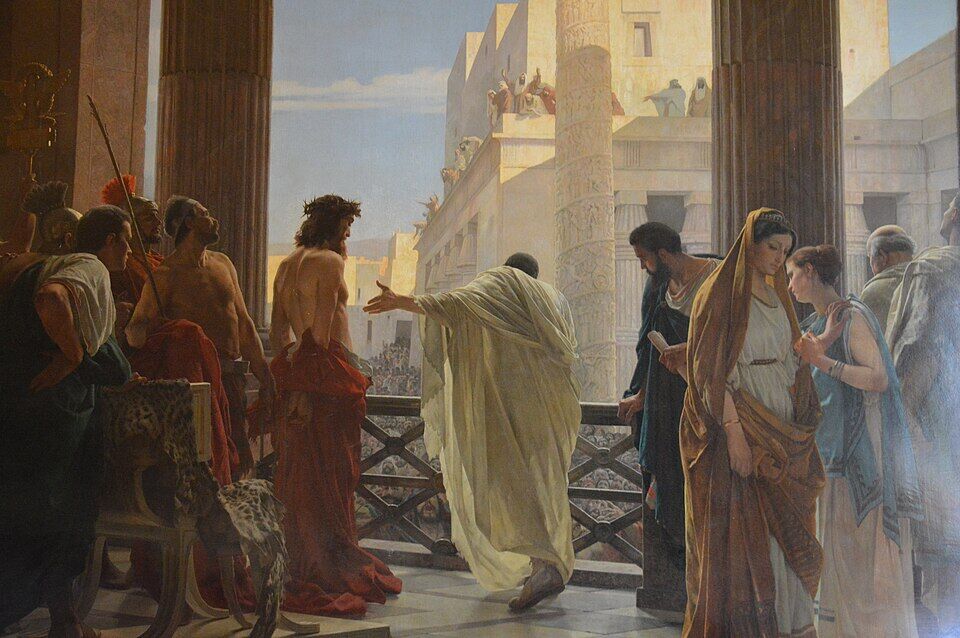 Antonio Ciseri, "Ecce Homo" (1871). From the balcony Pilate shows the crowd the beaten, thorn-crowned Christ: "Ecce homo." Below, the square roars; at the right, the women turn away. The trial is over — freedom that has chosen sacrifice leads to the cross.