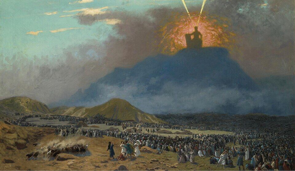 Jean-Léon Gérôme, "Moses on Mount Sinai" (1895–1900). The mountain wrapped in cloud and fire, a tiny Moses in radiance at its summit, and the whole people frozen below: the law is given in fear and trembling.