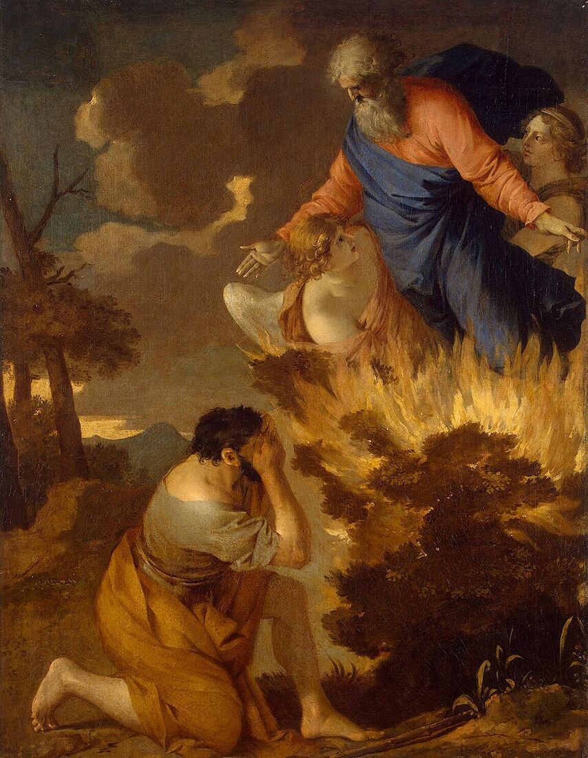 Sébastien Bourdon, "The Burning Bush" (17th century). The old fugitive beside the bush that burns and is not consumed hears the same voice that called Abraham: "Go."