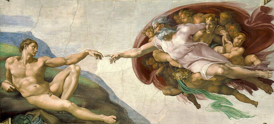 Michelangelo, "The Creation of Adam" (Sistine Chapel, 1512). The Creator's finger almost touches Adam's limp hand — life and freedom passed across a gap that man is free not to close.