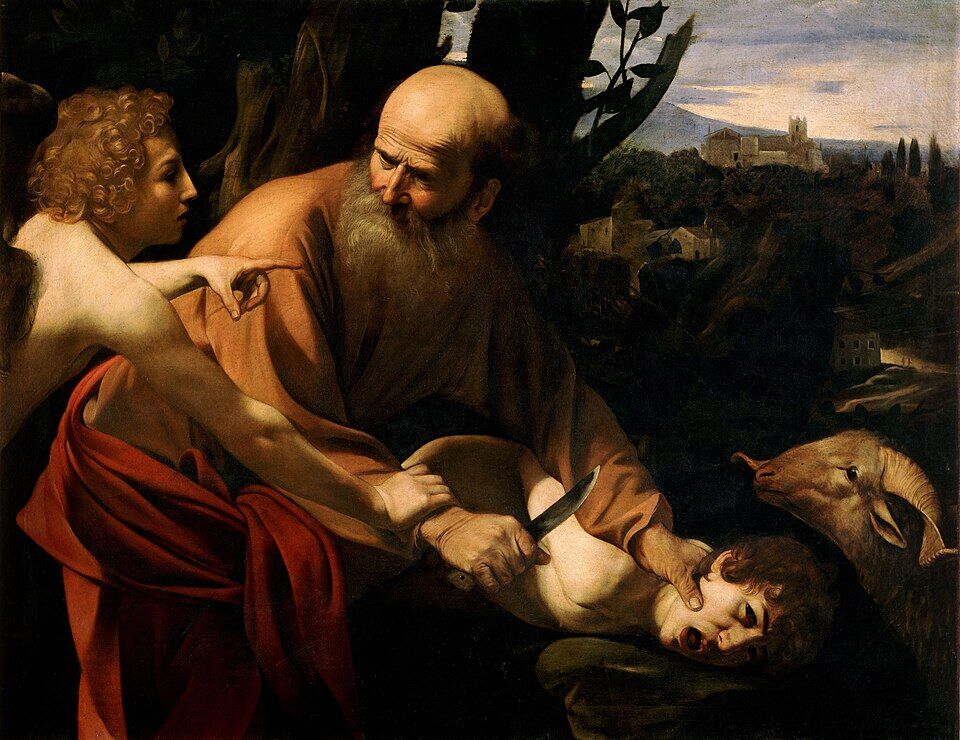 Caravaggio, "The Sacrifice of Isaac" (c. 1603). The knife at the throat, the boy's cry, the angel's finger pointing to the ram — the instant in which the whole ancient world of blood sacrifice collapses.