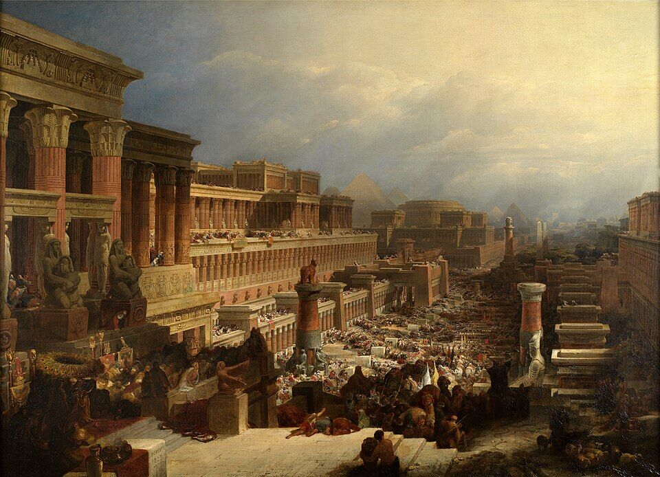 David Roberts, "The Israelites Leaving Egypt" (1828). A countless multitude streams out from beneath the shadow of Egypt's colossi — slavery still at their backs, and freedom already terrifying.