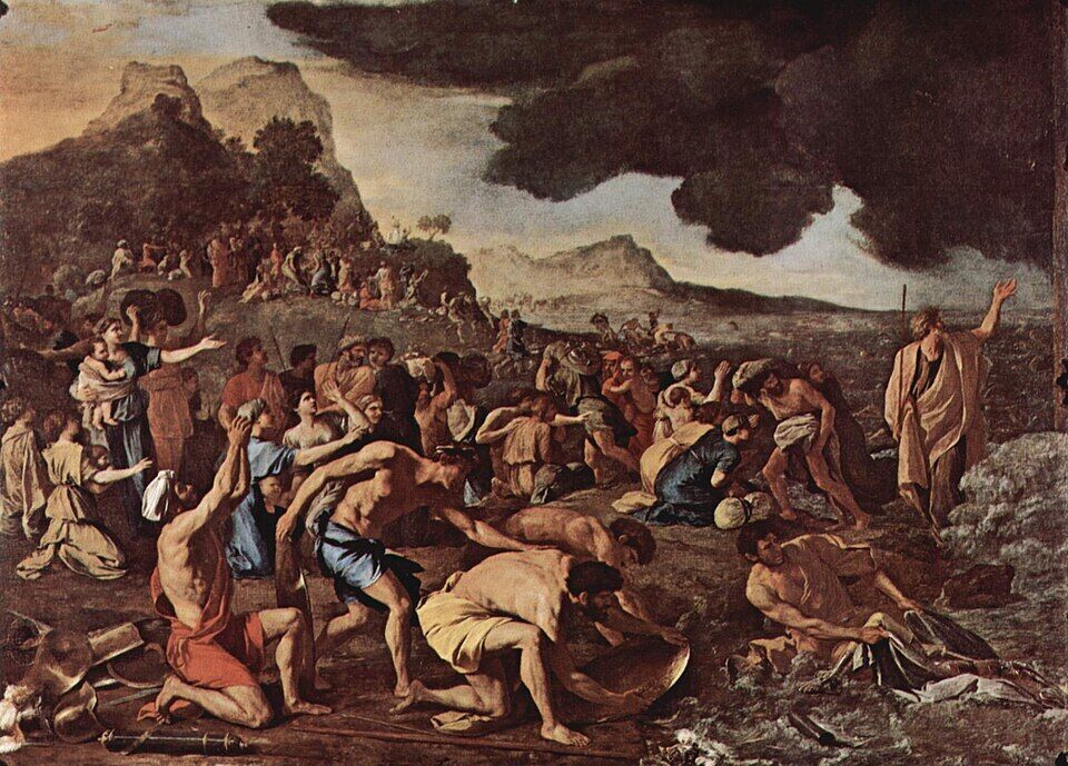 Nicolas Poussin, "The Crossing of the Red Sea." The waters part and close again behind them — the old life of slavery drowns for good.