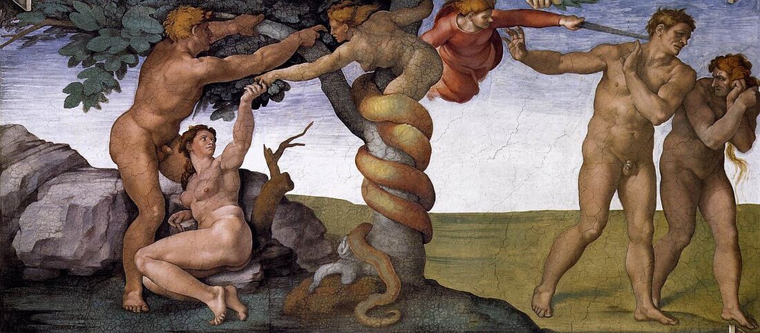 Michelangelo, "The Fall and Expulsion" (Sistine Chapel). A single sweep of the eye — from the tree to the angel's sword: the tasting and the punishment in one fresco.