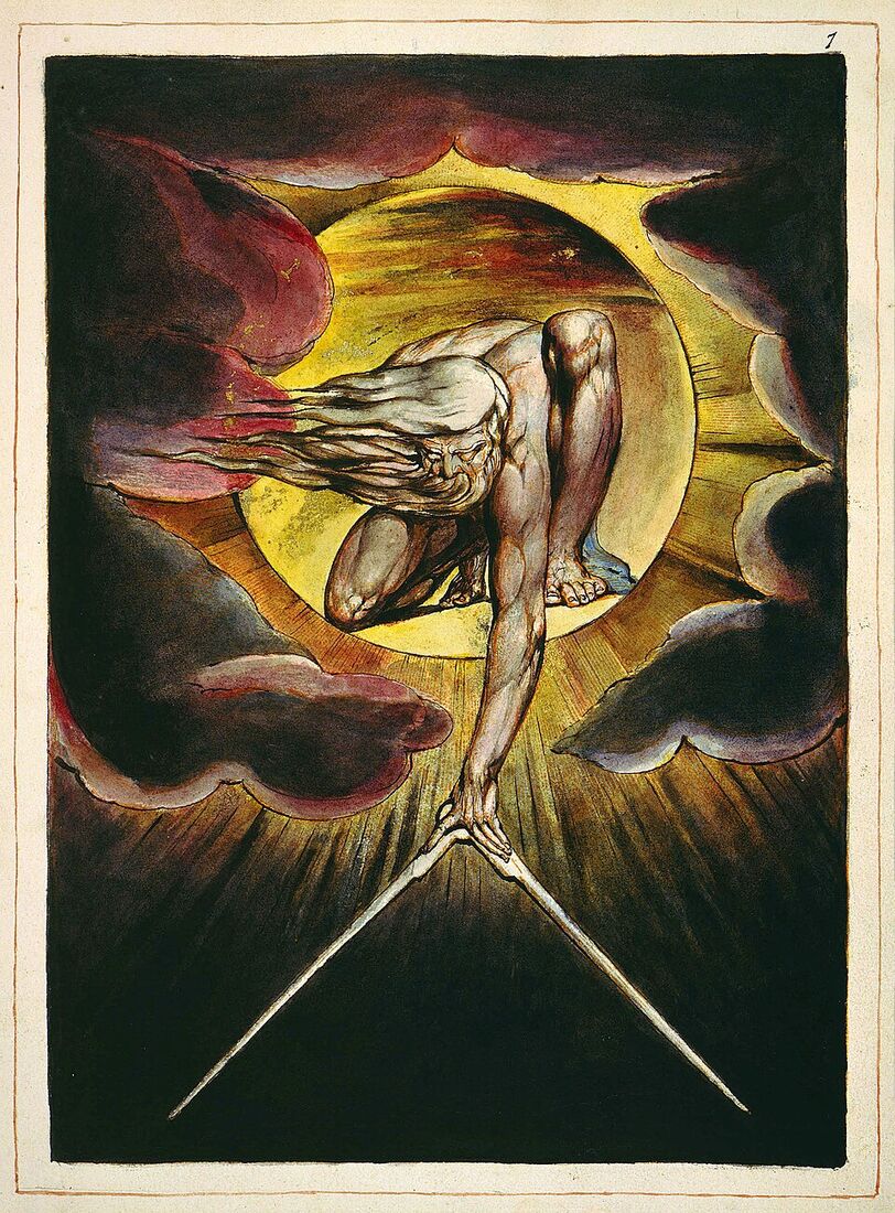 William Blake, "The Ancient of Days" (1794). God the architect draws the world's boundaries with a compass — creation as design and measure, flung out into the void.