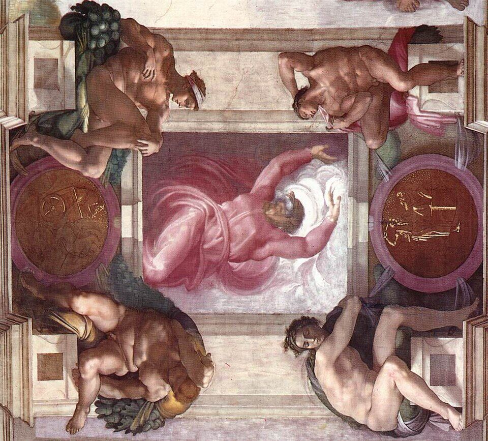 Michelangelo, "The Separation of Light from Darkness" (Sistine Chapel). The very "Let there be light": God in a whirlwind cleaves the chaos — the beginning that will become, in Haydn, the great burst of C major.