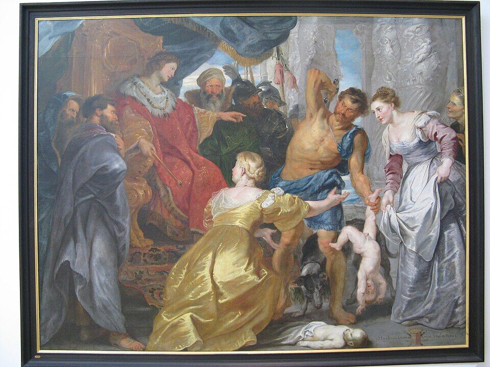 Peter Paul Rubens, "The Judgement of Solomon" (1617). The sword is raised over the living infant, and the true mother rushes to save him: the highest thing power can do is not force but righteous judgment.