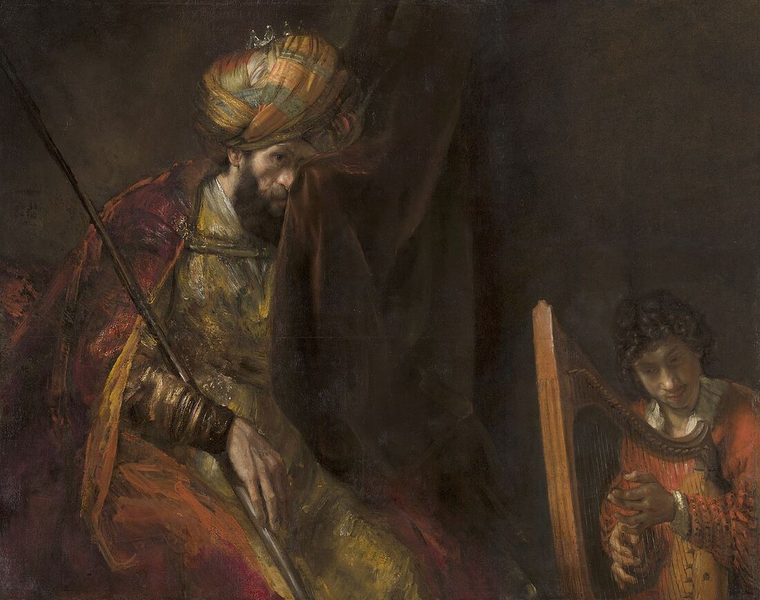 Rembrandt, "Saul and David" (c. 1655). King Saul, eaten by black envy, wipes away a tear with the edge of the curtain while the young David plays the harp: power that can no longer be held devours the one who bears it.