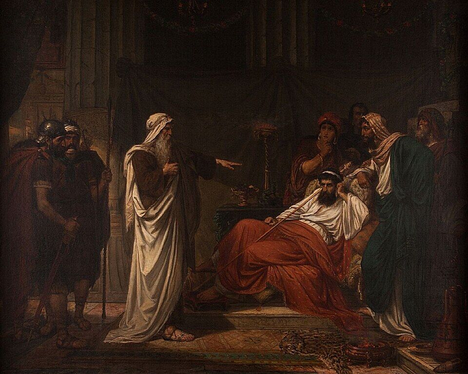 Eugène Siberdt, "The Prophet Nathan Rebukes King David" (19th century). The unarmed prophet points his finger at the all-powerful king: "You are the man" — and the king, who could have him executed, recoils in shame.