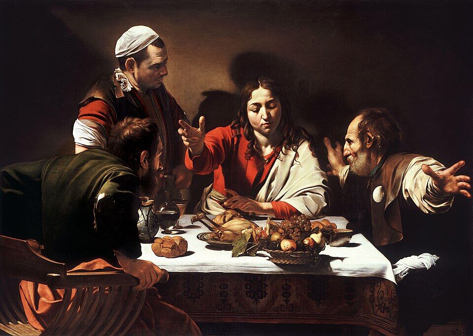 Caravaggio, "The Supper at Emmaus" (1601). The instant when two disciples recognize the Risen One in the breaking of bread: one recoils, the other flings his arms wide. Light tears the scene out of darkness — recognition as a flash.